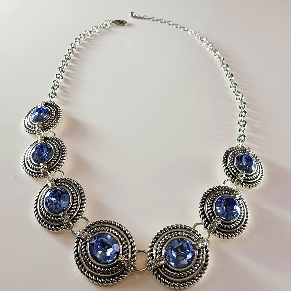 21" Adjustable Sterling Silver Chain Necklace with 7 Light Blue Crystal Stones